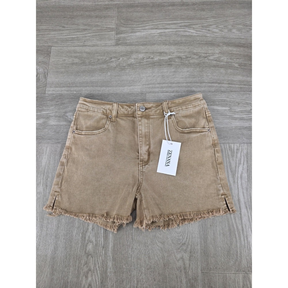 Zenana Denim Shorts Women's M Brown Cut Off Fringe Raw Hem Stretch Casual NWT